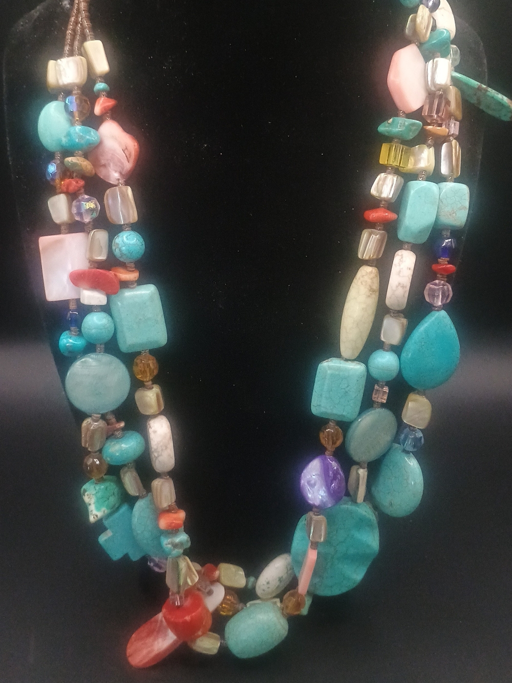 Turquoise, Spiny Oyster, Shell Heishi, Trade Bread 3 Strand Necklace